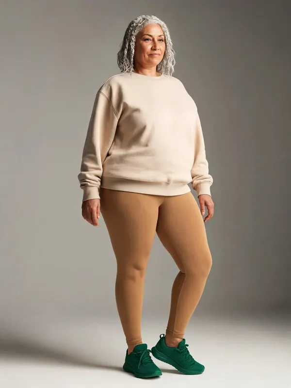 Une tenue sport : sweat crème et legging camel
