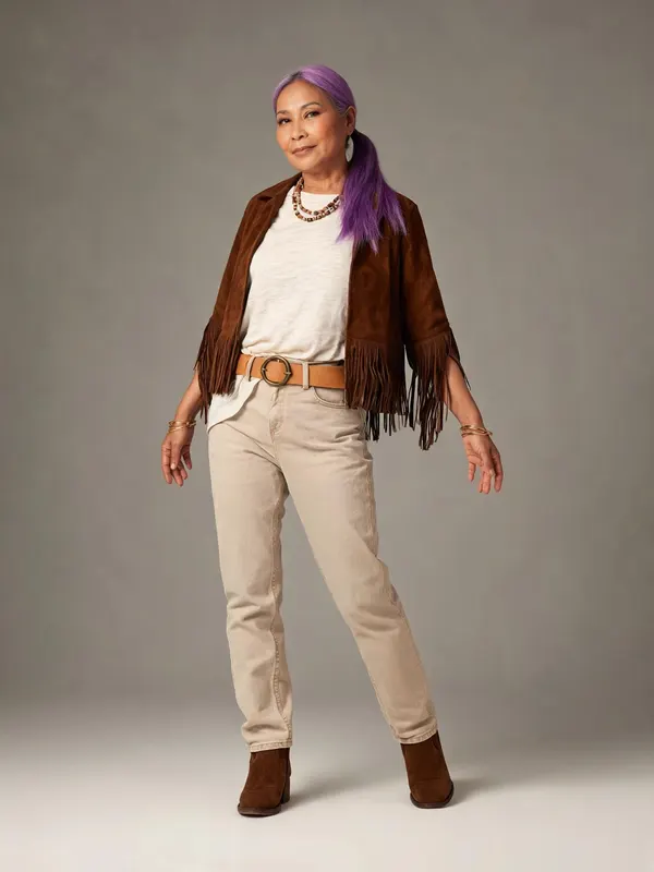Une tenue bohème : veste à franges et pantalon beige